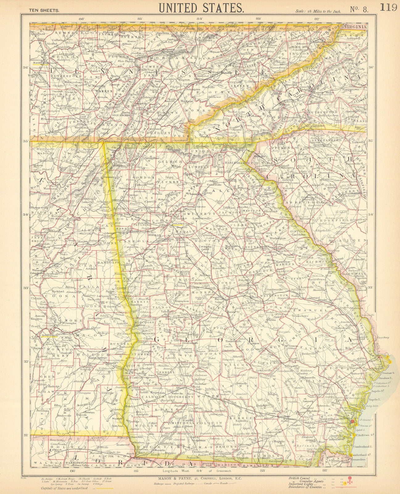 GEORGIA & Southern Appalachia. Alabama Tennessee NC SC Railroads. LETTS 1892 map